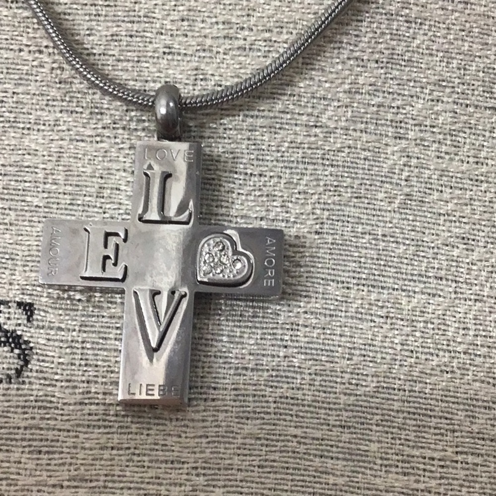LOVE Cross Stainless Steel w/ Stainless Extender Chain & Rhinestone heart. Sweet
